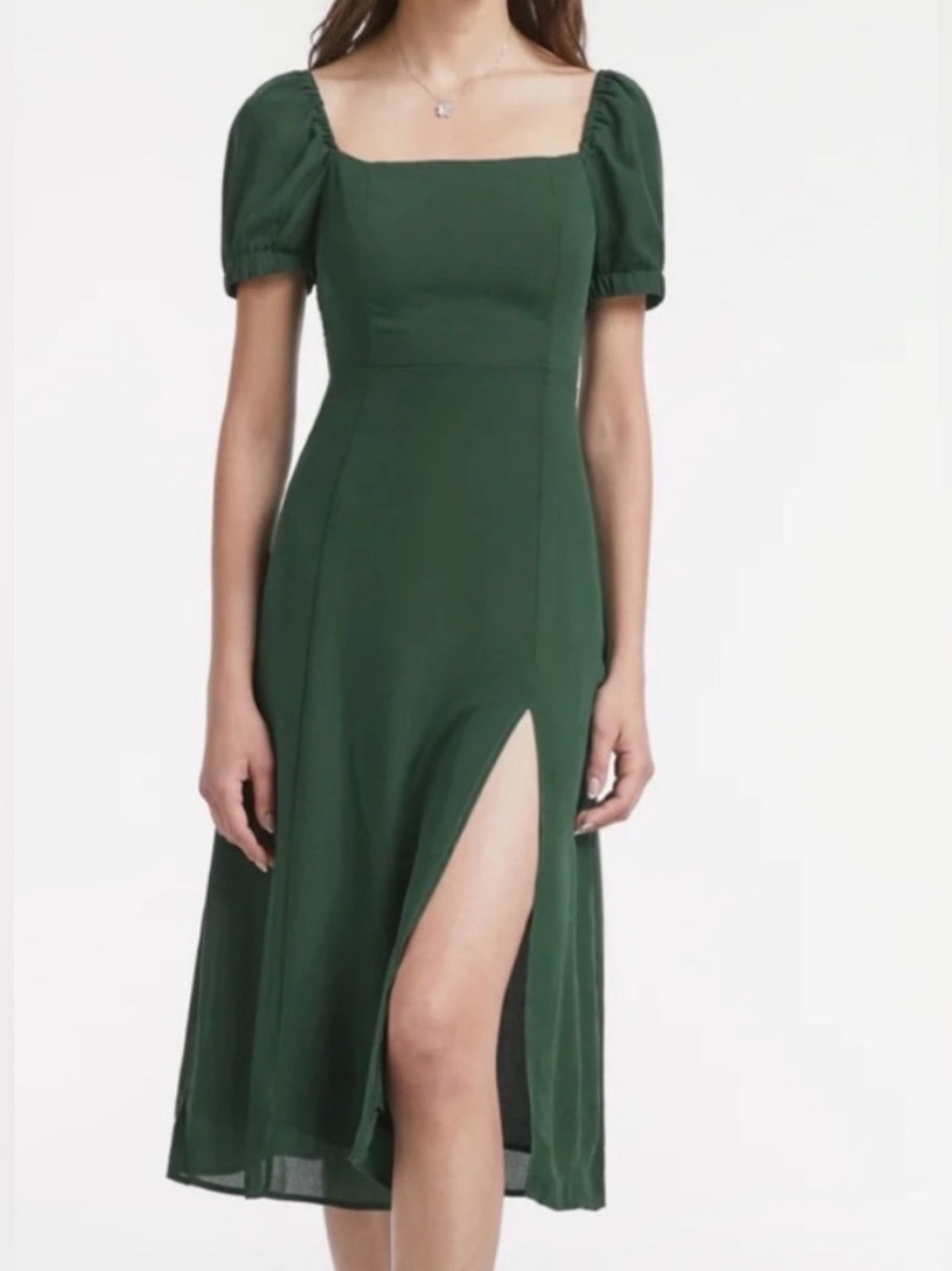 Commense Forest Green Square-Neck Midi Dress with Puff Sleeves Large Cottagecore